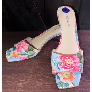 Nine West Floral Print Square Toe Kitten Heel Mules‎ Size 8.5